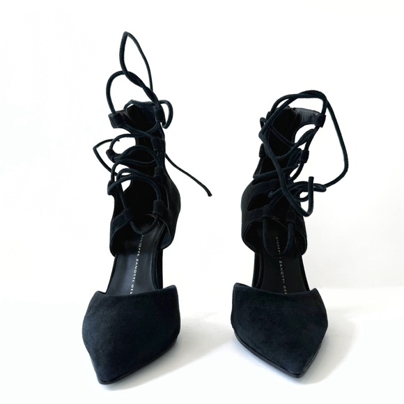 GIUSEPPE ZANOTTI BLACK SUEDE LACE UP ANKLE HIGH HEEL POINTY TOE PUMPS - Picture 5 of 11